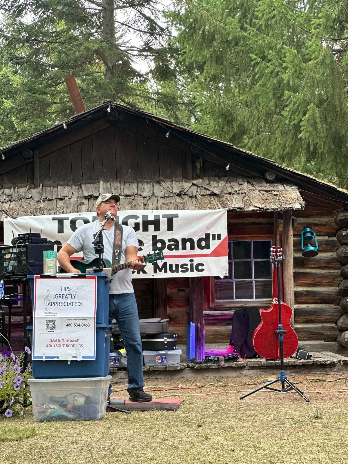 Sam performing and audiences enjoying live music